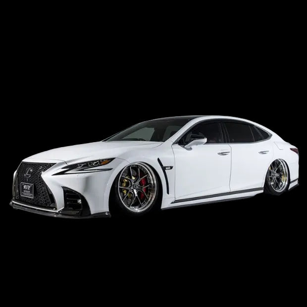 A white Lexus LS500/500h F-SPORT vehicle equipped with Aimgain VIP Sport aerodynamic parts, including a front bumper lip, side skirts, and rear diffuser, displayed against a studio background.