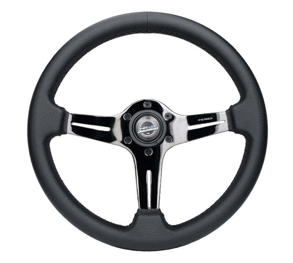 NRG Light Weight Gaming Steering Wheel - 350mm 3 Black Chrome Silver Spokes Perforated Leather