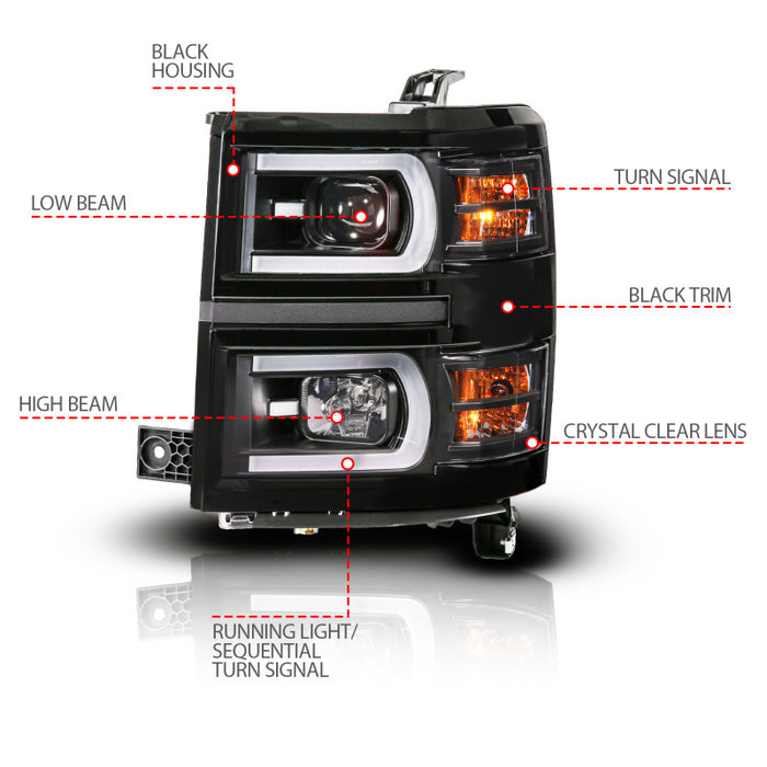 ANZO 14-15 Chevy Silverado 1500 Black Dual Switchback+Sequential LED Tube Sq. Projector Headlights