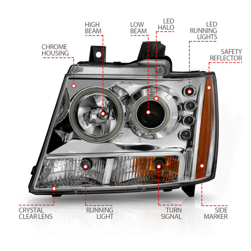 ANZO 2007-2013 Chevrolet Avalanche Projector Headlights w/ Halo Chrome