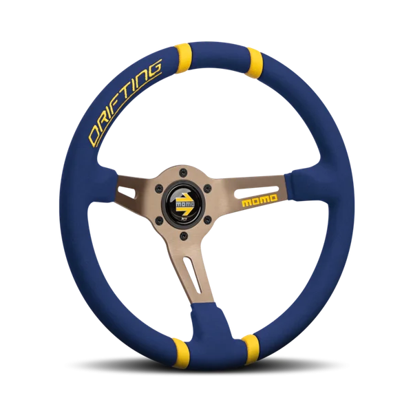 MOMO Drifting 350 Diam 90 Dish Blue Microfiber Anthracite Spokes Yellow Inserts