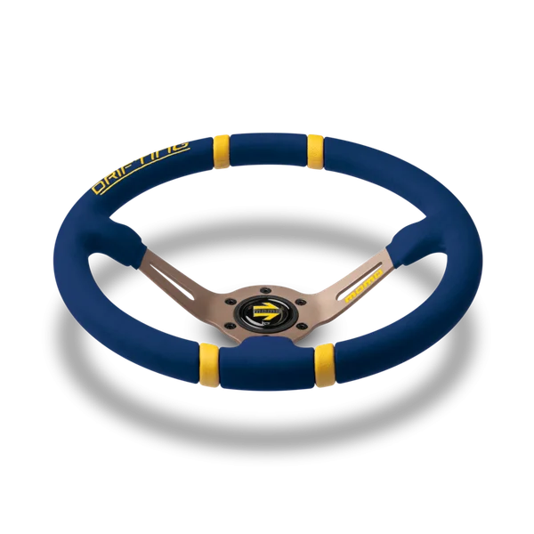 MOMO Drifting 350 Diam 90 Dish Blue Microfiber Anthracite Spokes Yellow Inserts
