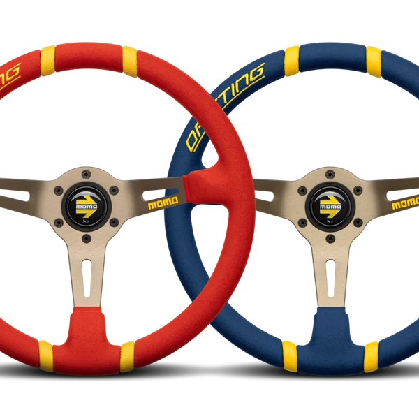 MOMO Drifting 350 Diam 90 Dish Blue Microfiber Anthracite Spokes Yellow Inserts