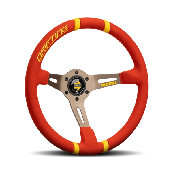 MOMO Drifting 350 Diam 90 Dish Red Microfiber Anthracite Spokes Yellow Inserts