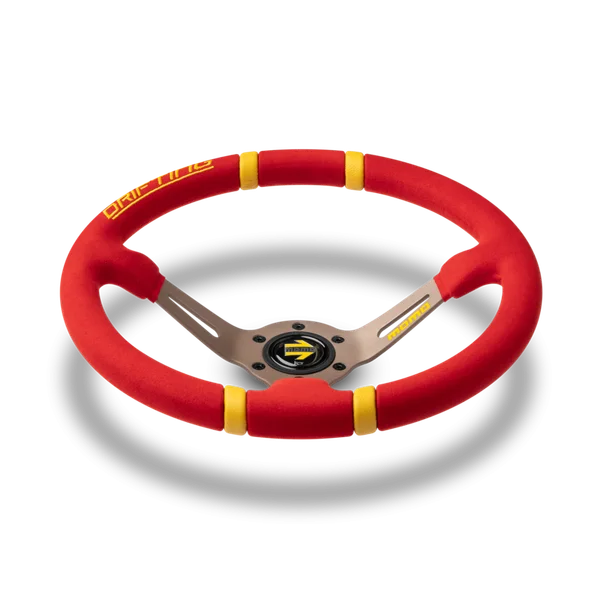 MOMO Drifting 350 Diam 90 Dish Red Microfiber Anthracite Spokes Yellow Inserts