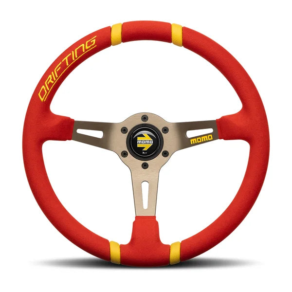 MOMO Drifting 350 Diam 90 Dish Red Microfiber Anthracite Spokes Yellow Inserts