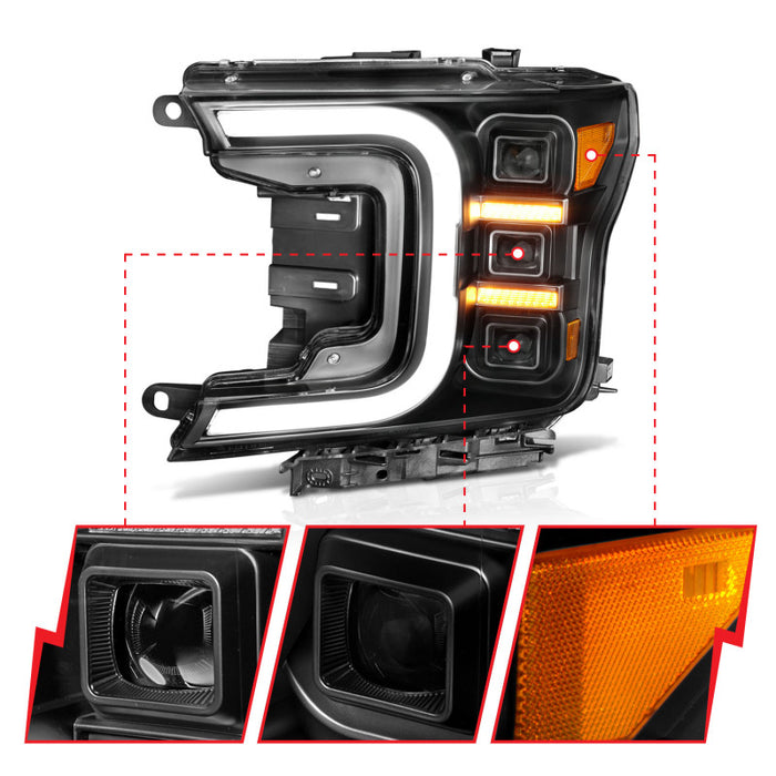 ANZO 18-20 Ford F-150 Full Led Projector Smoke Bar Style Headlights Black Amber