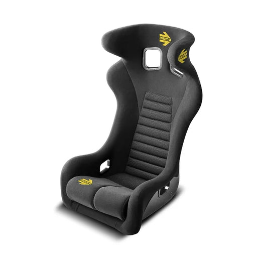 Momo Daytona Black car seat with yellow logos on a white background