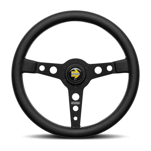 Momo Prototipo Steering Wheel 370 mm - Black Leather/White Stitch/Brushed Black Ano Spokes