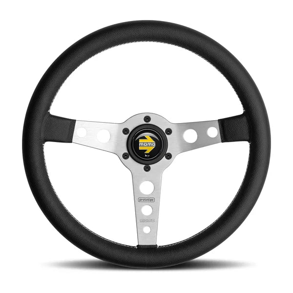 Momo Prototipo Steering Wheel 320 mm - Black Leather/White Stitch/Brushed Alum Spokes