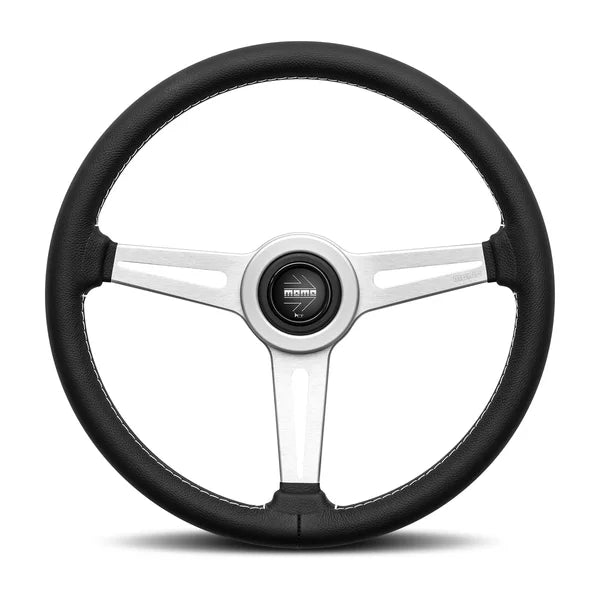 Momo Retro Steering Wheel 360 mm - 4 Black Leather/Wht Stitch/Brushed Spokes