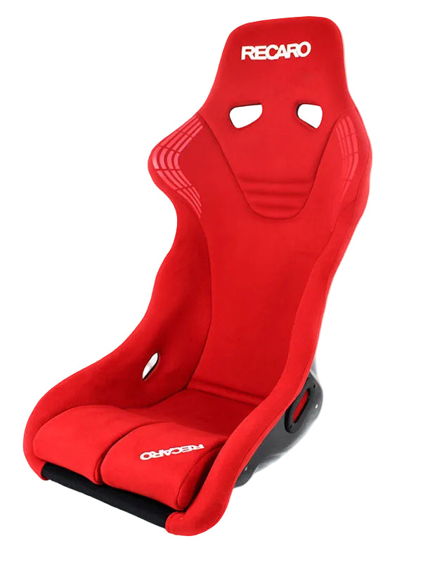 Red racing seat with 'Recaro' branding on a white background