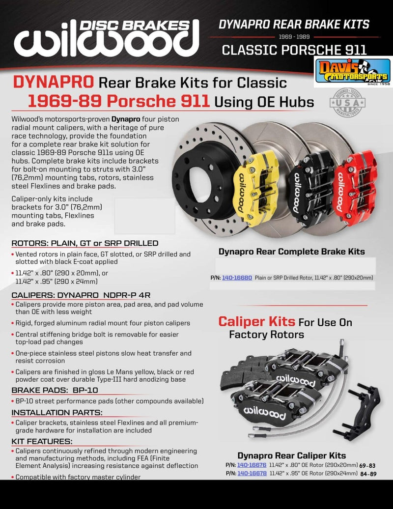 Wilwood 69-83 Porsche 911 Narrow Dynapro-P Radial Rear Brake Kit Red Caliper SRP Drill & Slot Rotor