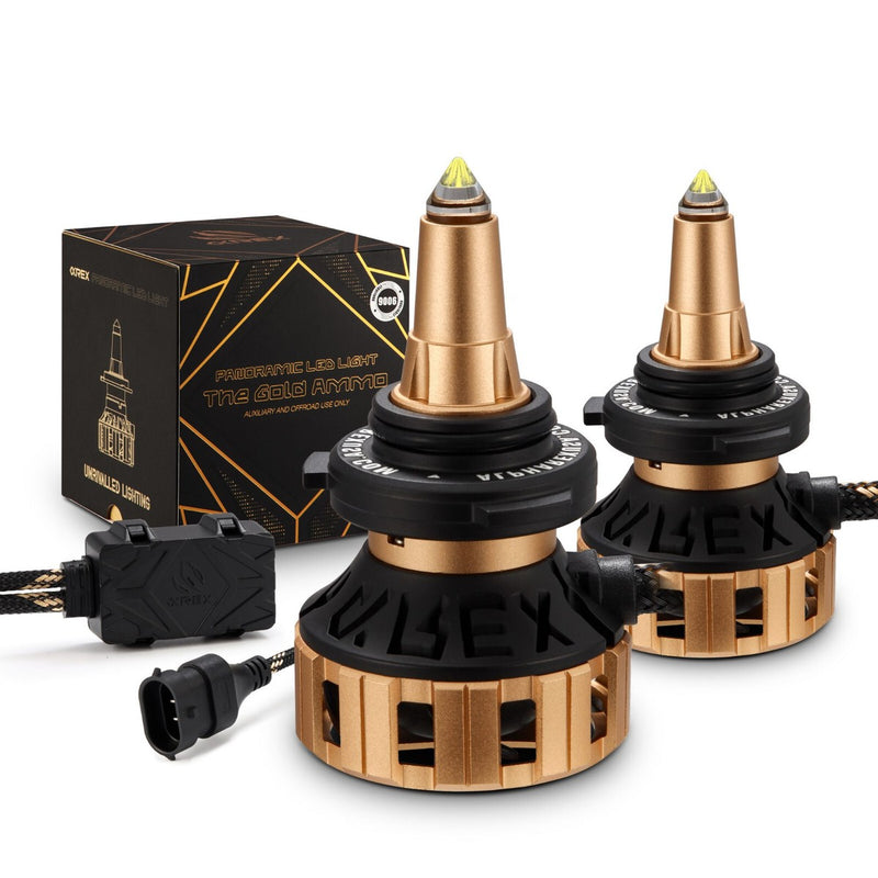 AlphaRex Gold Ammo Panoramic LED Light Bulbs - 9006