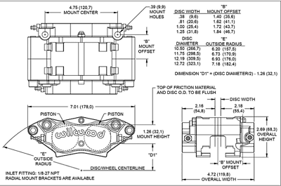 Wilwood Caliper-Dynapro Radial 4.75in Mount 1.88in Pistons .81in Disc